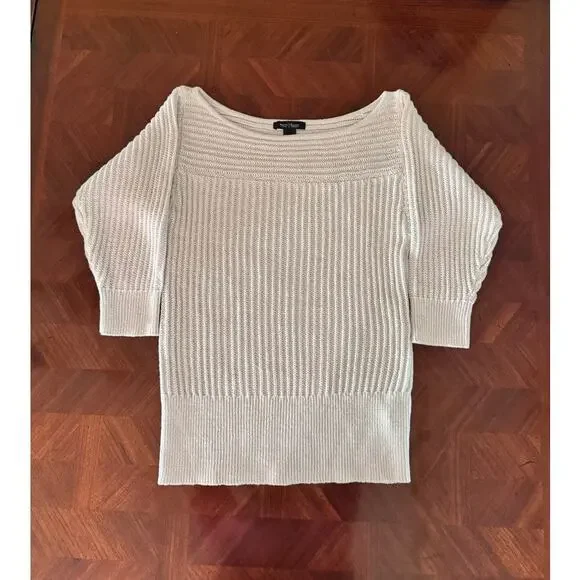 White House Black Market Cream Ribbed Tunic Sweater Metallic Thread Women’s M - Picture 9 of 11